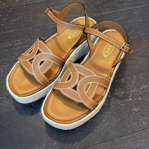 NEW TOD'S Beige Leather brown Kate Wedge Sandals 6cm platform size 40